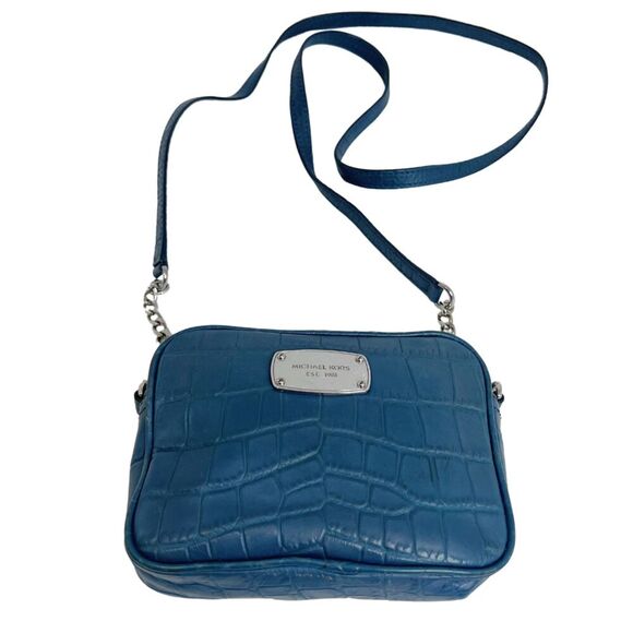 Michael Kors Blue Crocodile Embossed Leather Silver Chain Crossbody Bag Purse - Picture 1 of 8